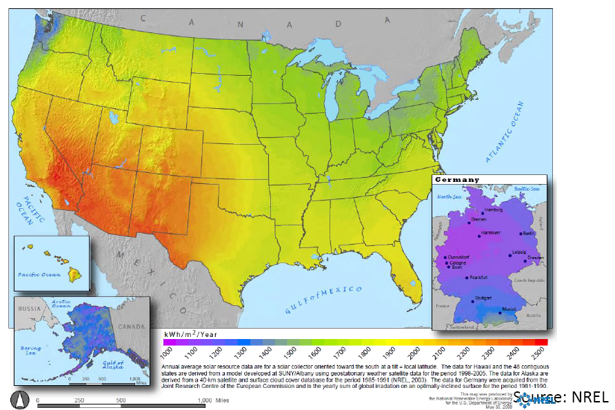Solar Radiance Map of the United States